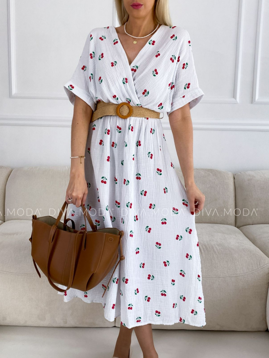 Mušelínové šaty cherry s páskem bílé V 4