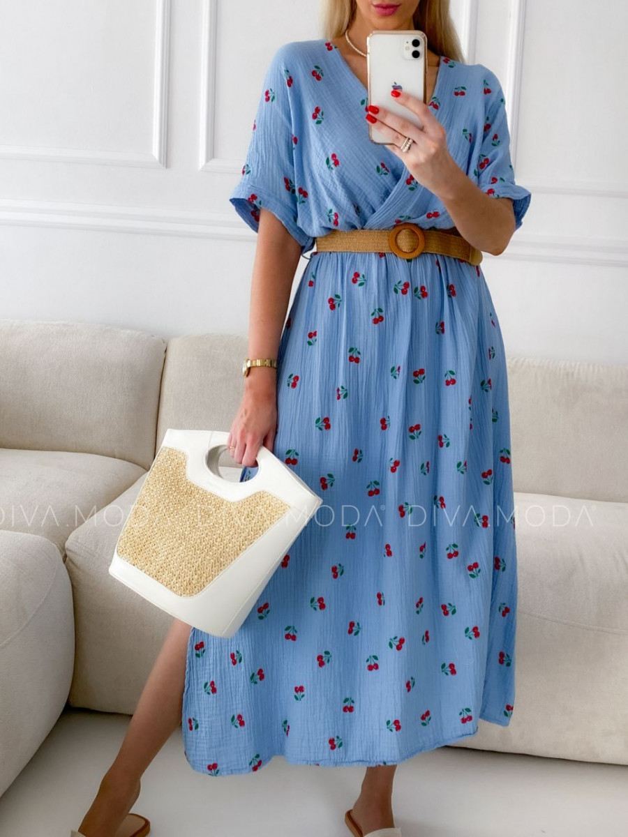 Mušelínové šaty cherry s páskem modré V 4
